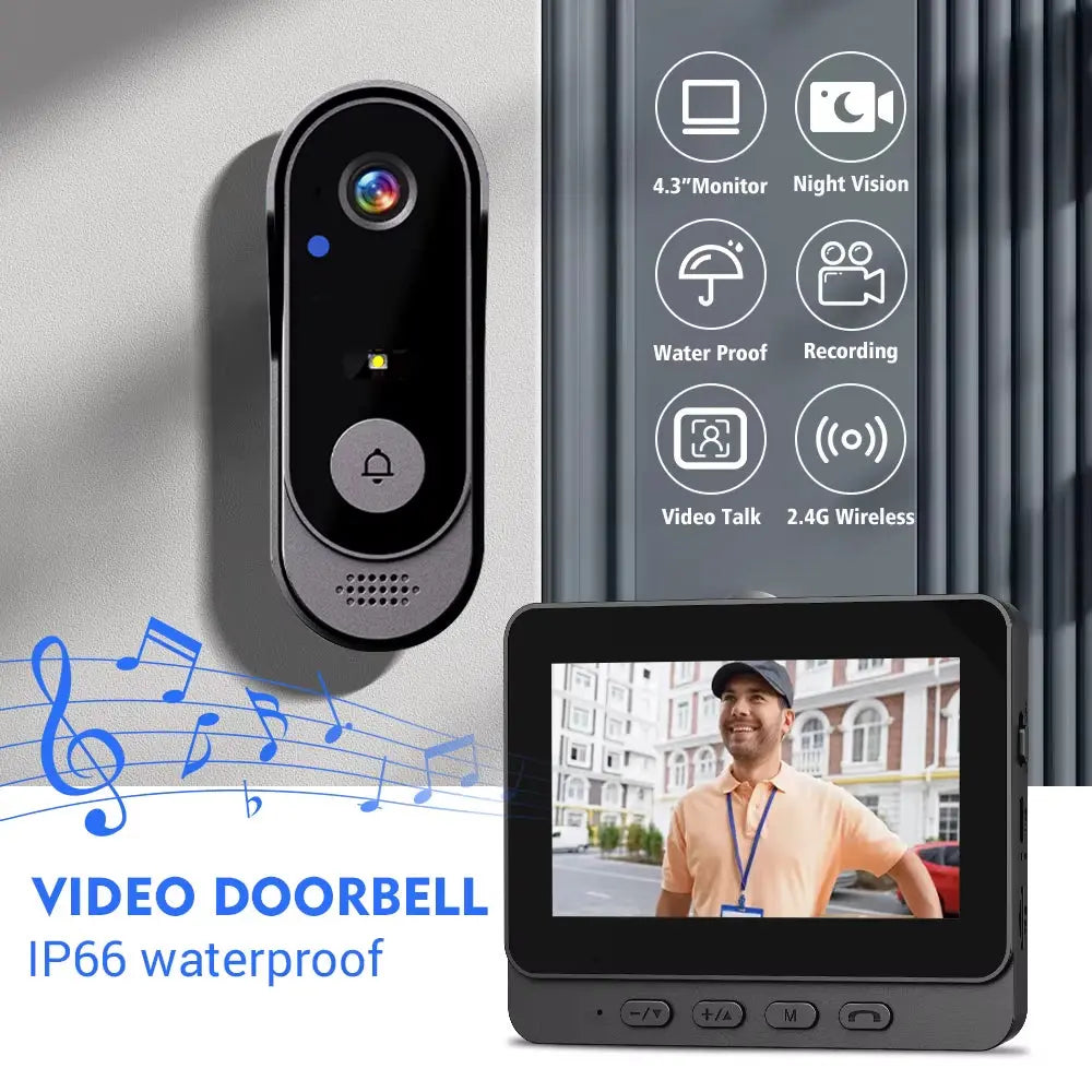 4.3-Inch 2.4G Wireless Video Doorbell Camera with WiFi, Smart Intercom, Motion Detection, and Night Vision for Home Security