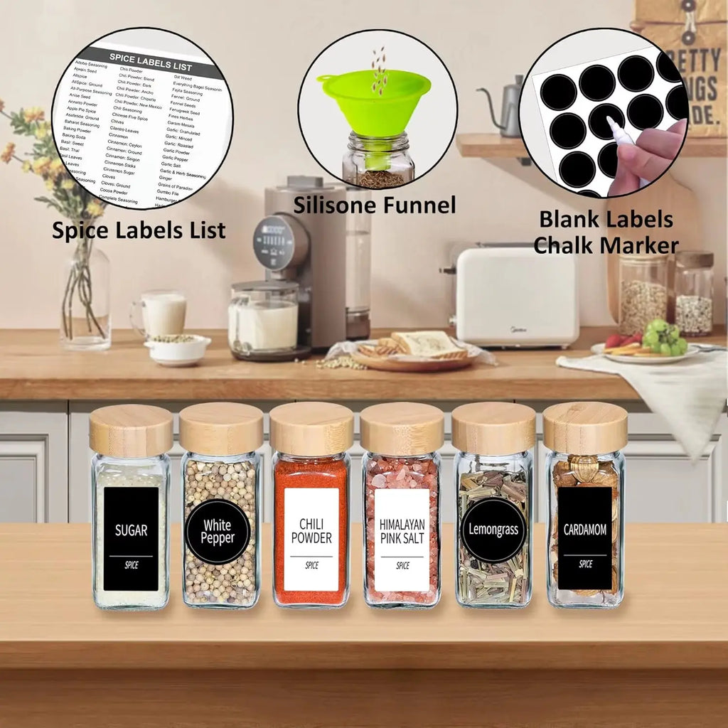 48 Glass Spice Jars with Bamboo Lids and Shaker Tops - 4 Oz Containers with 547 Labels