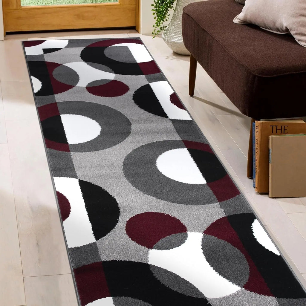 Contemporary Circles Area Rug - Low Maintenance Soft Runner for Home Office, Living Room, Bedroom, and Kitchen - 2' x 7'2" - Burgundy