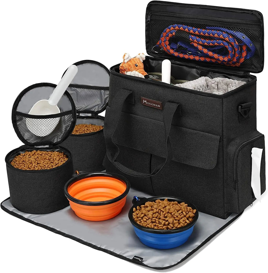 Dog Travel Bag - Comprehensive Weekend Travel Kit with Organizer, Collapsible Bowls, and Food Containers (Black)