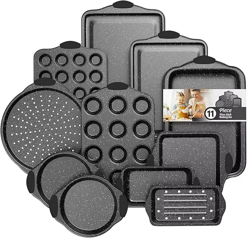 11-Piece Nonstick Bakeware Set with Silicone Handles, Stackable Oven Pans for Baking, Includes Cookie Sheet and More