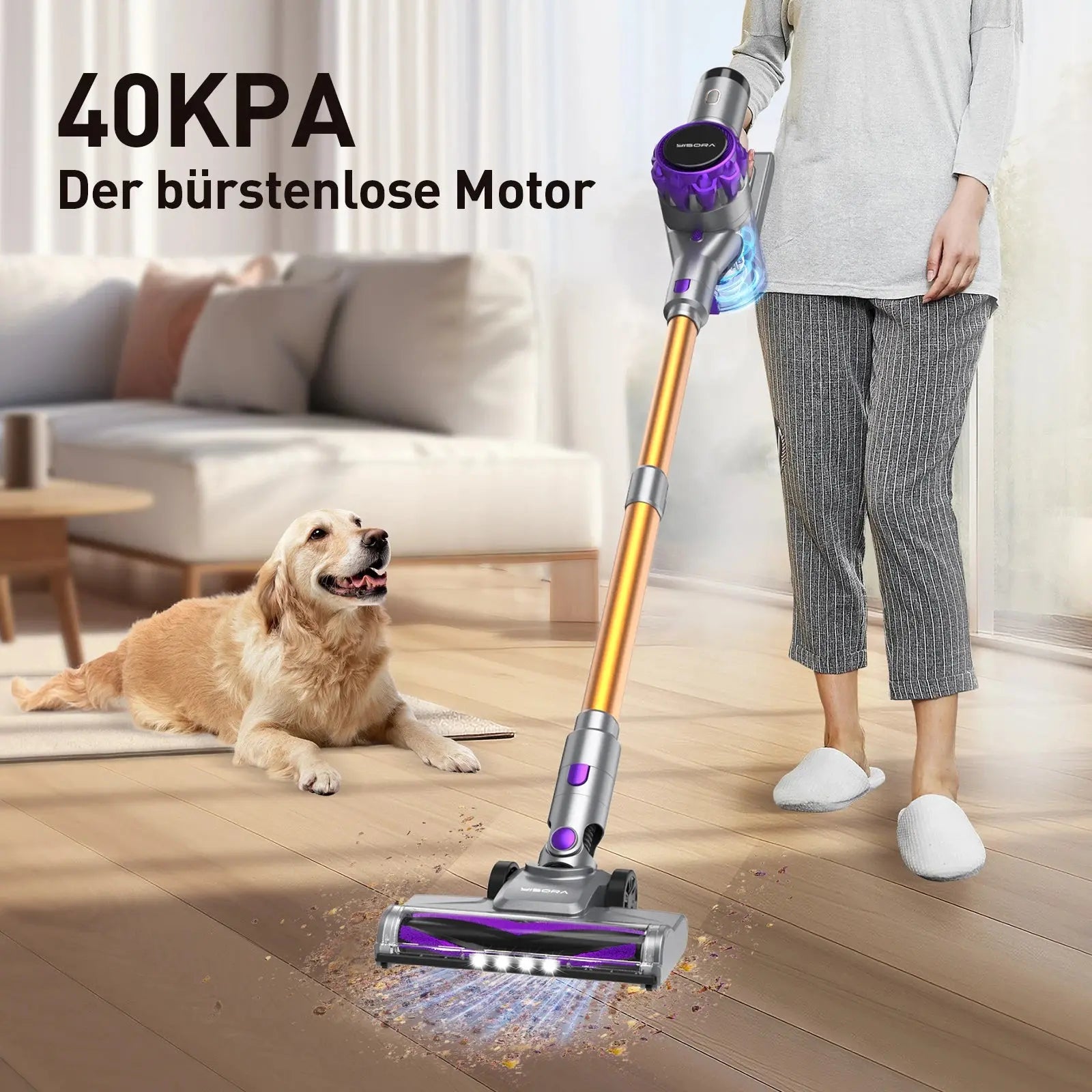 YISORA Cordless Vacuum Cleaner - 30Kpa Suction Power, 55 Minutes Runtime, Touchscreen Control, Ideal for Pet Hair and Carpets