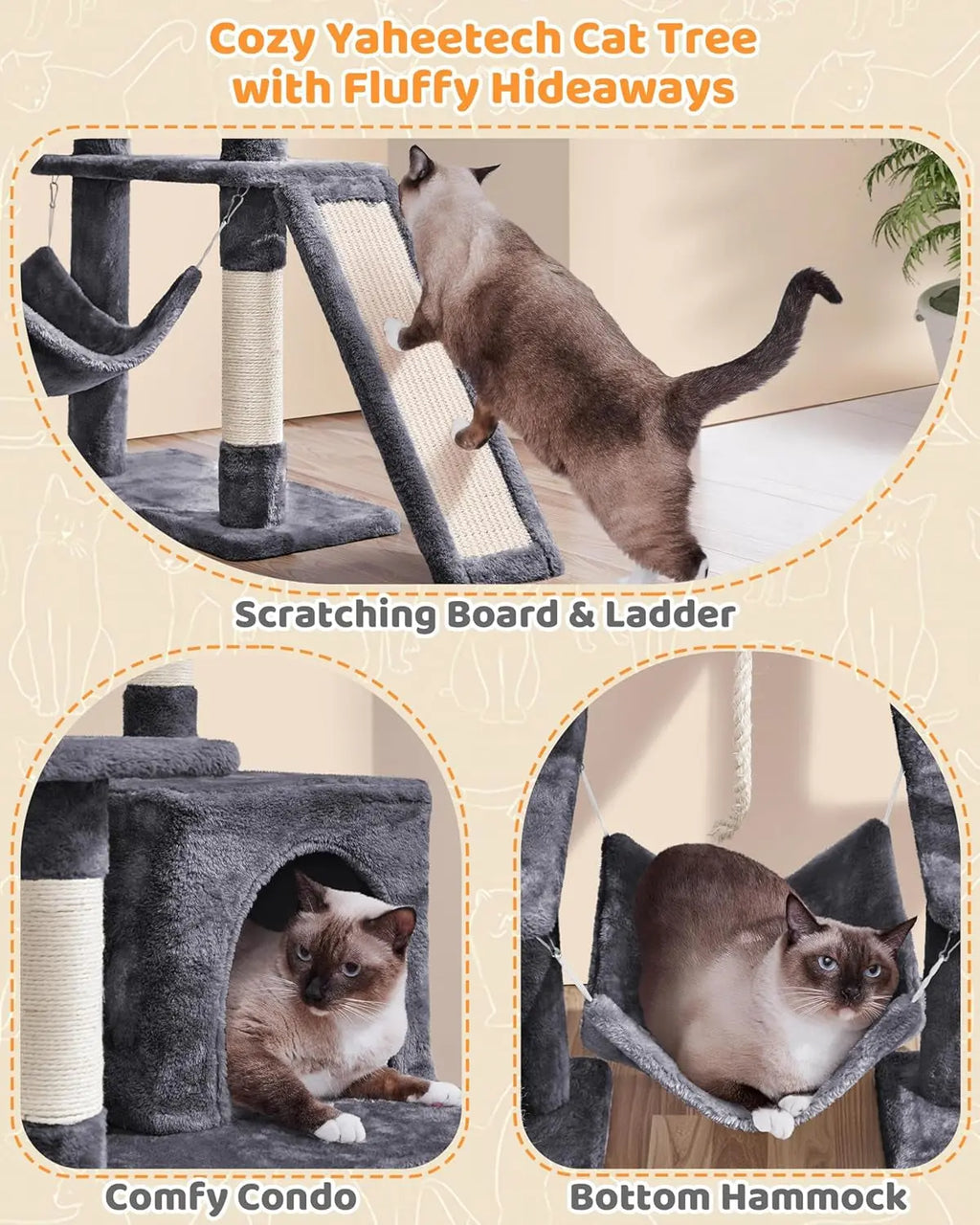 63-Inch Multi-Level Cat Tree with Sisal Scratching Posts, Condo, Hammock, Hanging Toy, and Extended Platform for Play and Rest