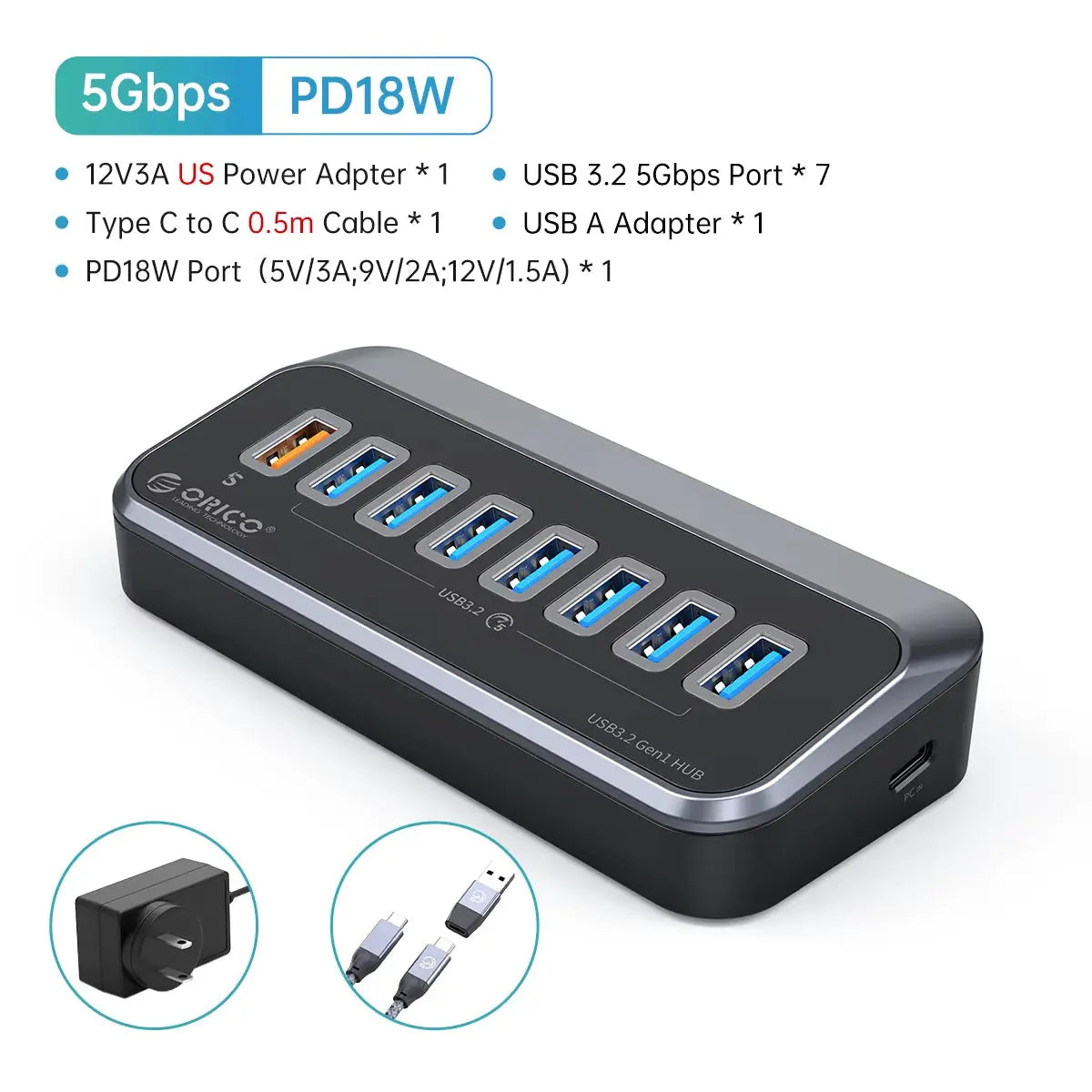 5Gbps Powered USB Hub with PD18W Charging, USB 3.2 Type-C Hub and Card Reader Splitter, Includes Power Adapter for Desktop PC Accessories