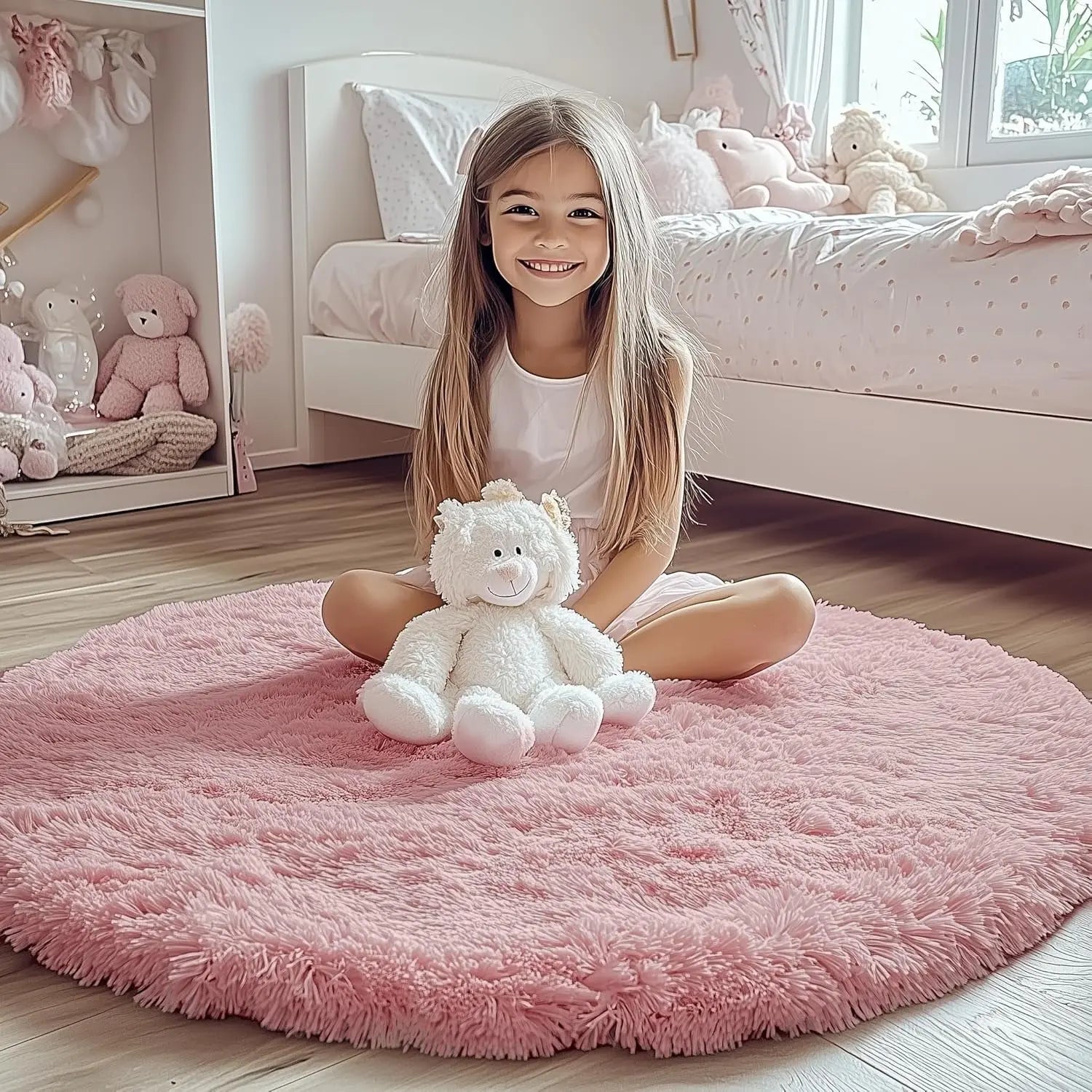 Light Pink Round Area Rug - 2ft Soft Plush Shaggy Carpet for Bedroom, Living Room, and Nursery - Washable Fluffy Mat for Kids and Pets - Aesthetic Home Decor