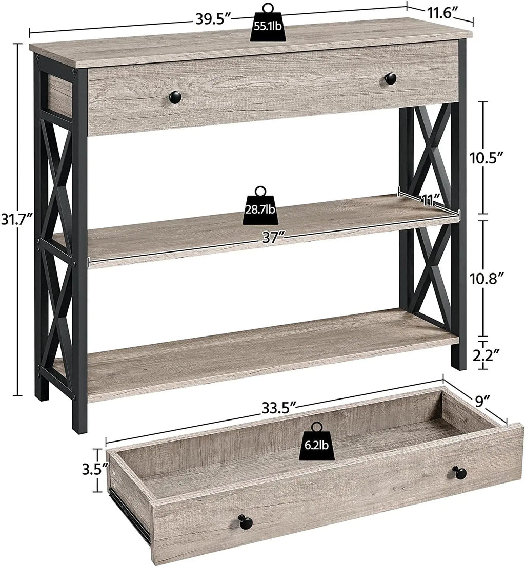 Gray Console Table with Drawer and 3-Tier Storage Shelves, Narrow Metal Frame Entryway Table for Living Room, Hallway, and Kitchen