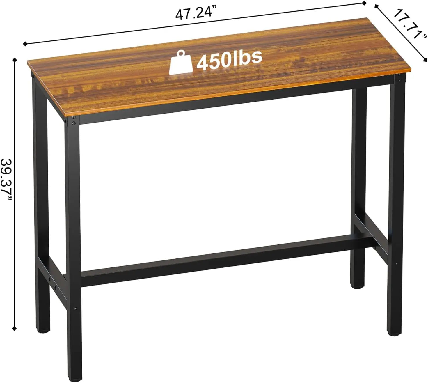 Rectangular Bar Height Pub Table with Sturdy Metal Frame, 47.24" Teak High Top Table for Kitchen, Dining, and Living Room