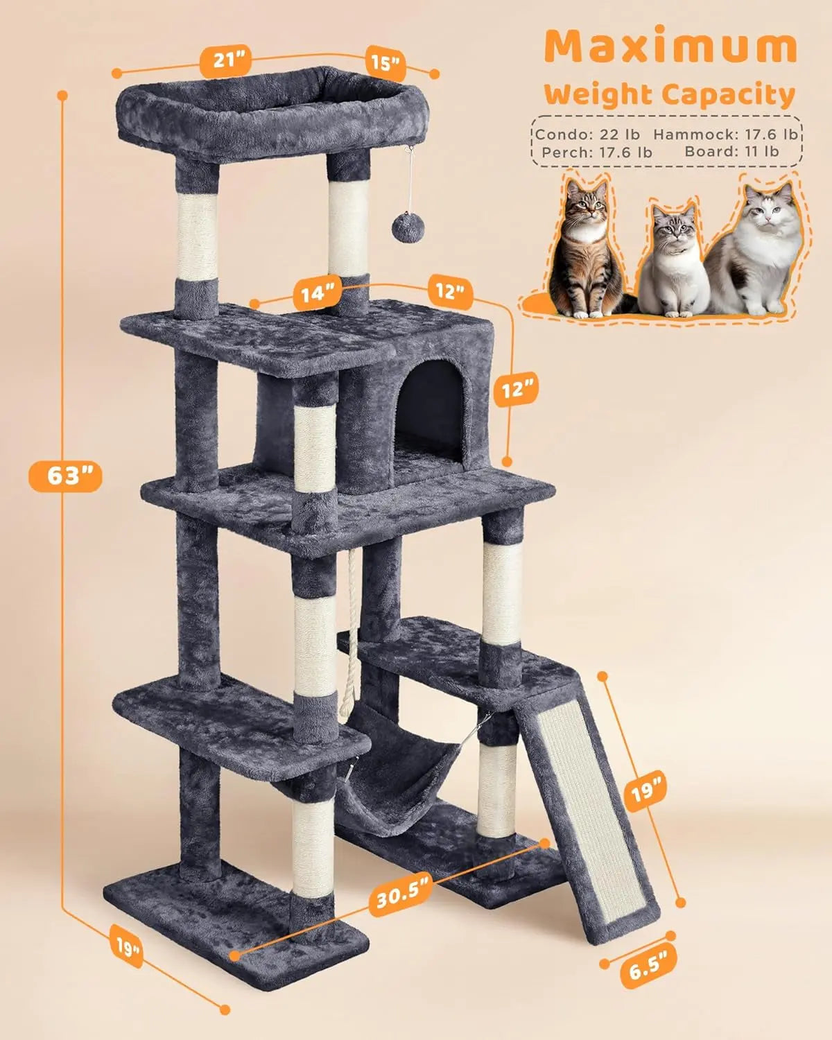 63-Inch Multi-Level Cat Tree with Sisal Scratching Posts, Condo, Hammock, Hanging Toy, and Extended Platform for Play and Rest
