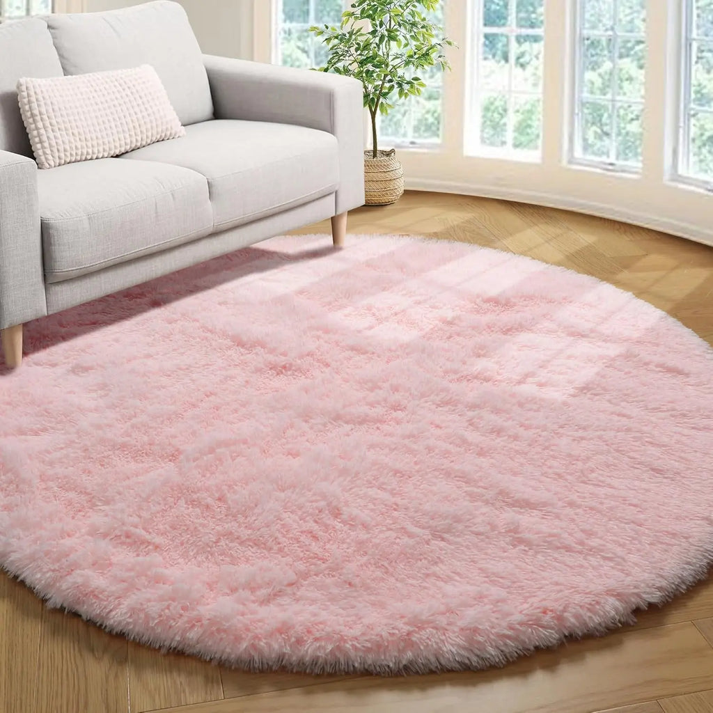 Light Pink Round Area Rug - 2ft Soft Plush Shaggy Carpet for Bedroom, Living Room, and Nursery - Washable Fluffy Mat for Kids and Pets - Aesthetic Home Decor