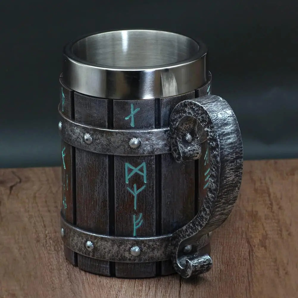 Norse-Inspired Stainless Steel and Wooden Viking Coffee Mug - Ideal Gift for Men, Beer Stein