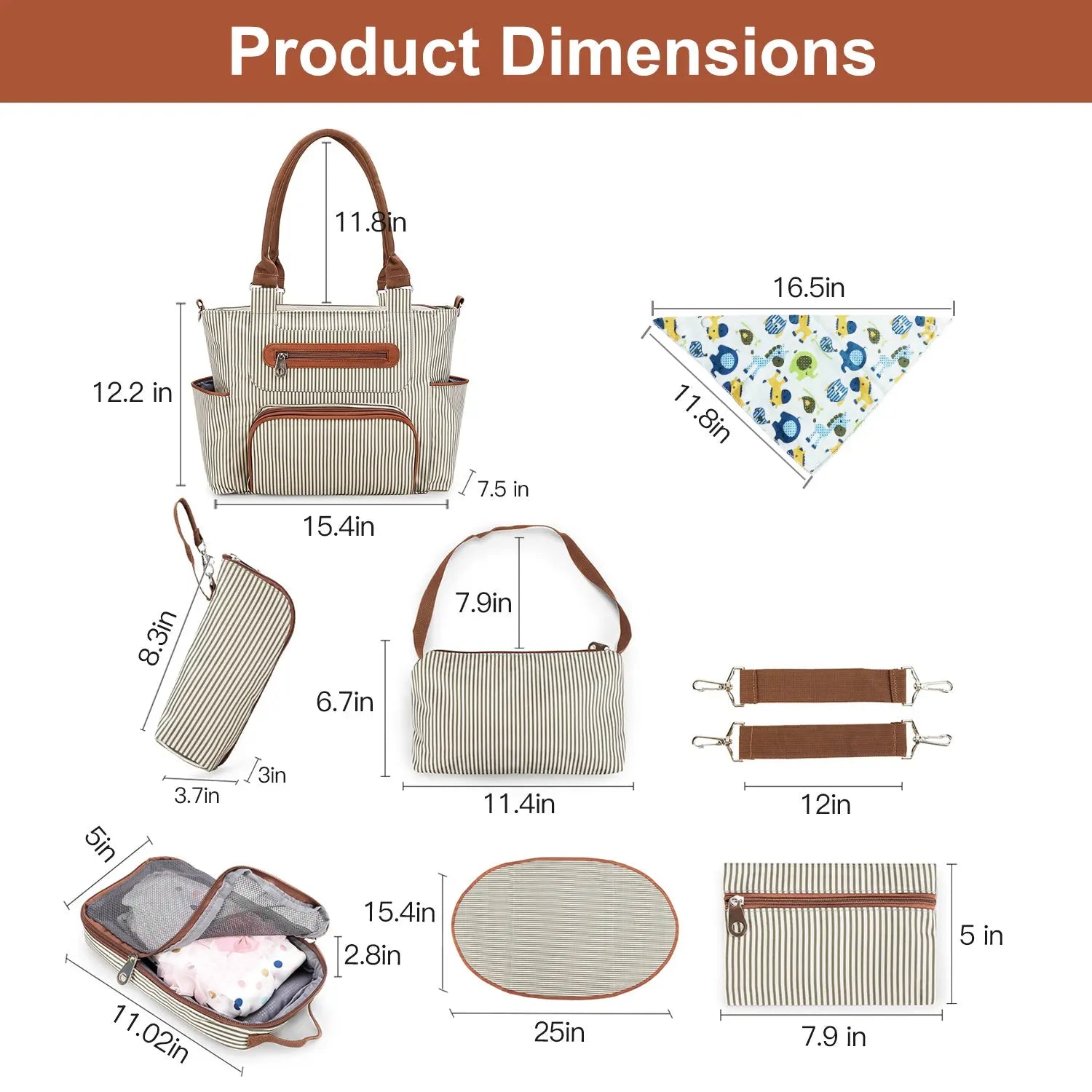 8-Piece Multifunctional Diaper Bag Set for Parents, Including Changing Bags, Bottle Bag, Mesh Bag, Purse, Diaper Pad, 2 Burp Cloths, and 2 Hook Straps