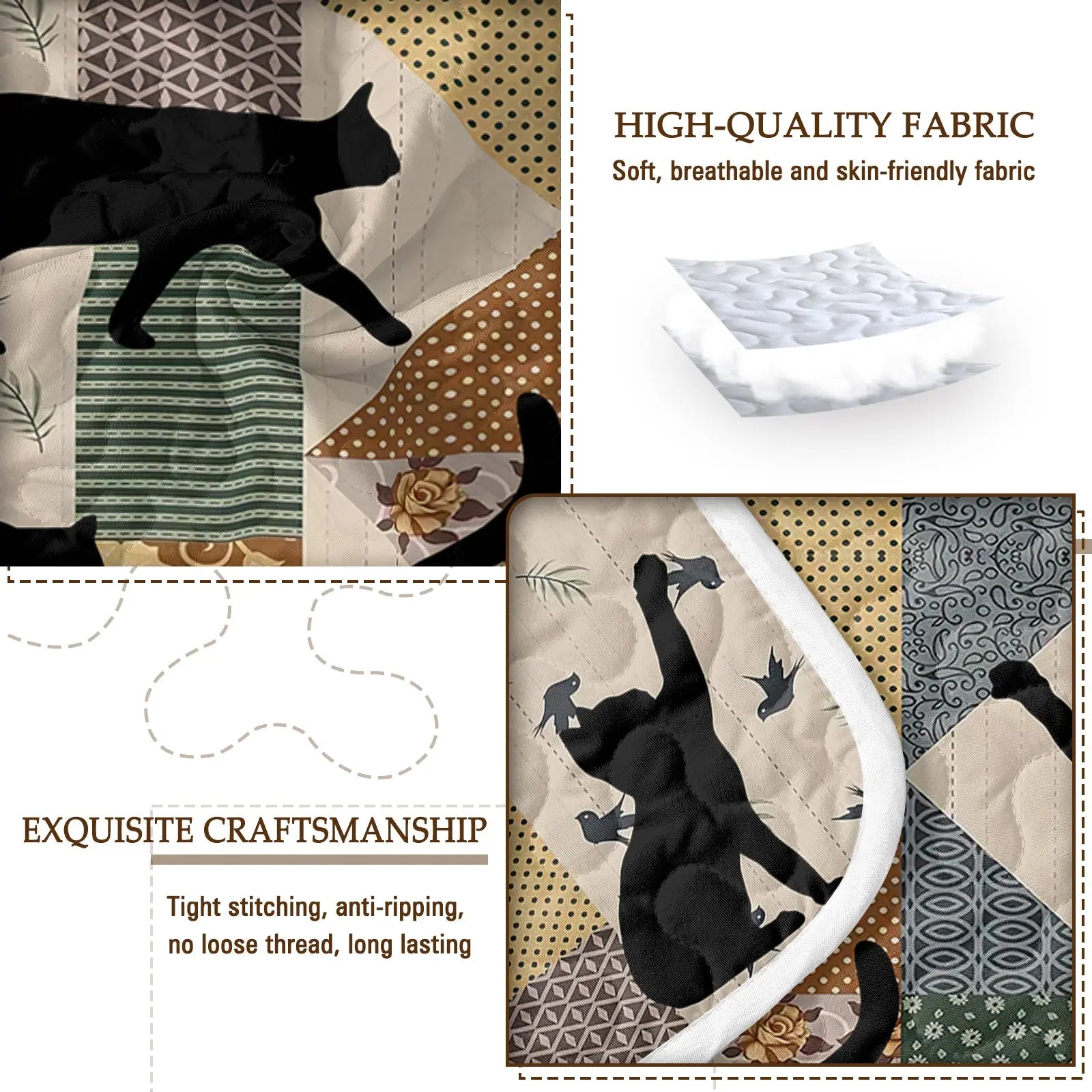 Black Cat Multi-Posture Pattern Blanket Set - 3 Pieces All-Season Bedding with 2 Pillowcases for Children, Teenagers, and Adults, Ideal for Bedrooms