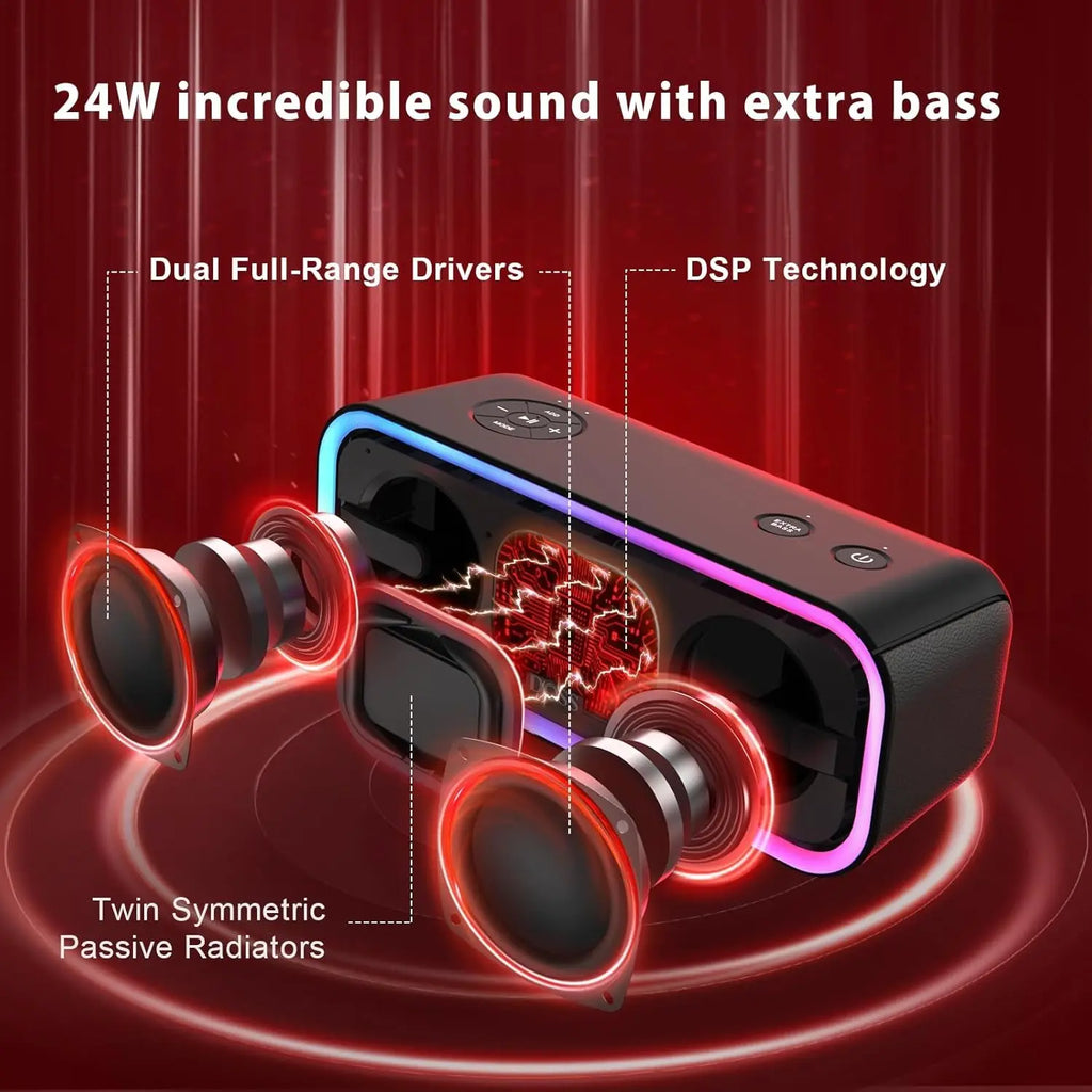 Soundbox Pro+ Bluetooth Speaker - 24W Immersive Stereo Sound with Enhanced Bass, IPX6 Waterproof, 15-Hour Playtime, Colorful LED Lights, Ideal Gift for Adults