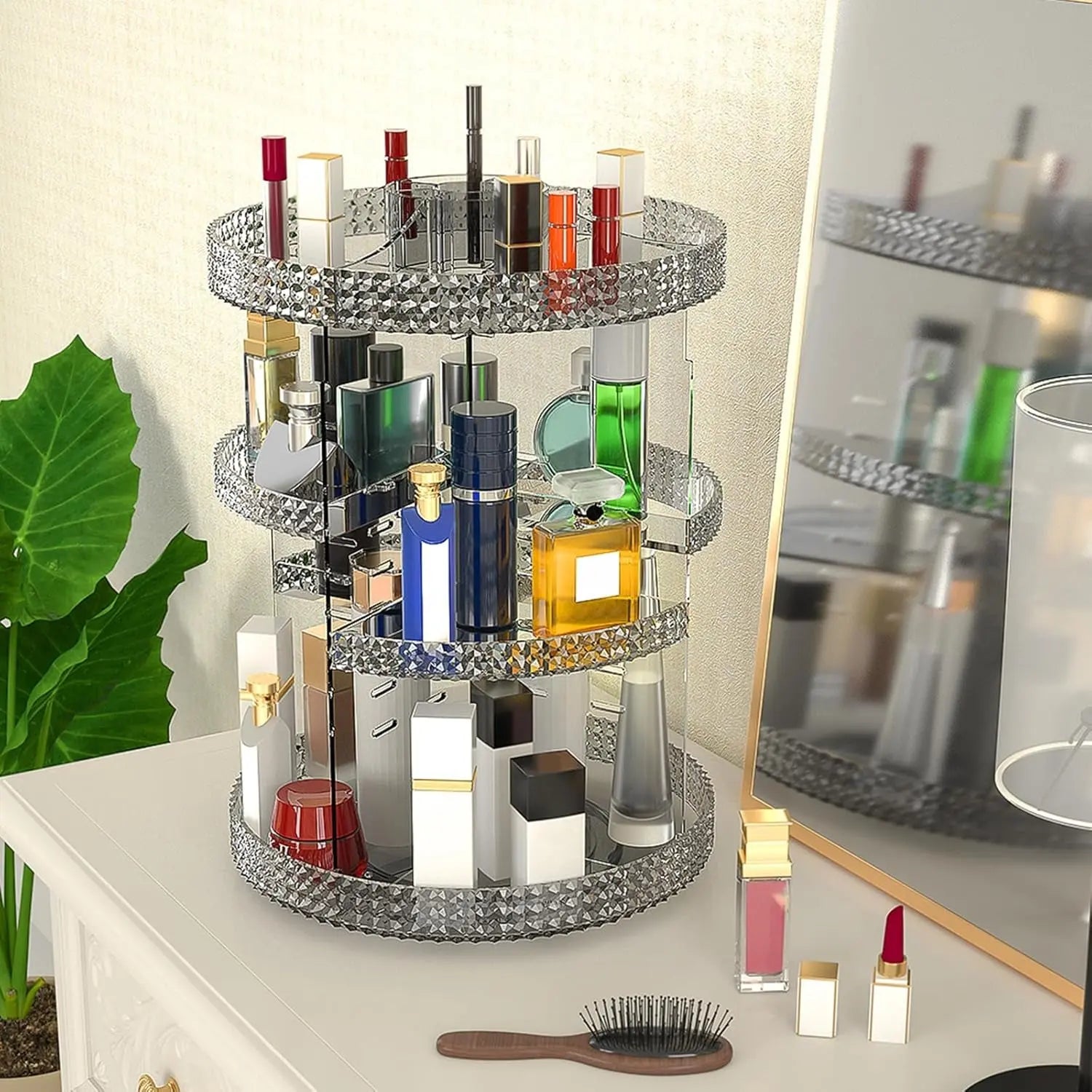 360-Degree Rotating Makeup Organizer with Extra Large Capacity, Removable 7-Layer Skincare Storage, Acrylic Beauty and Perfume Organizer for Vanity Countertop in Gray