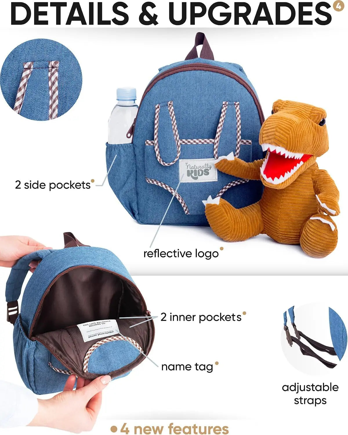 Dinosaur-Themed Toddler Backpack for Ages 3-5 with Detachable Toy, Multiple Pockets, and Reflective Logo Patch