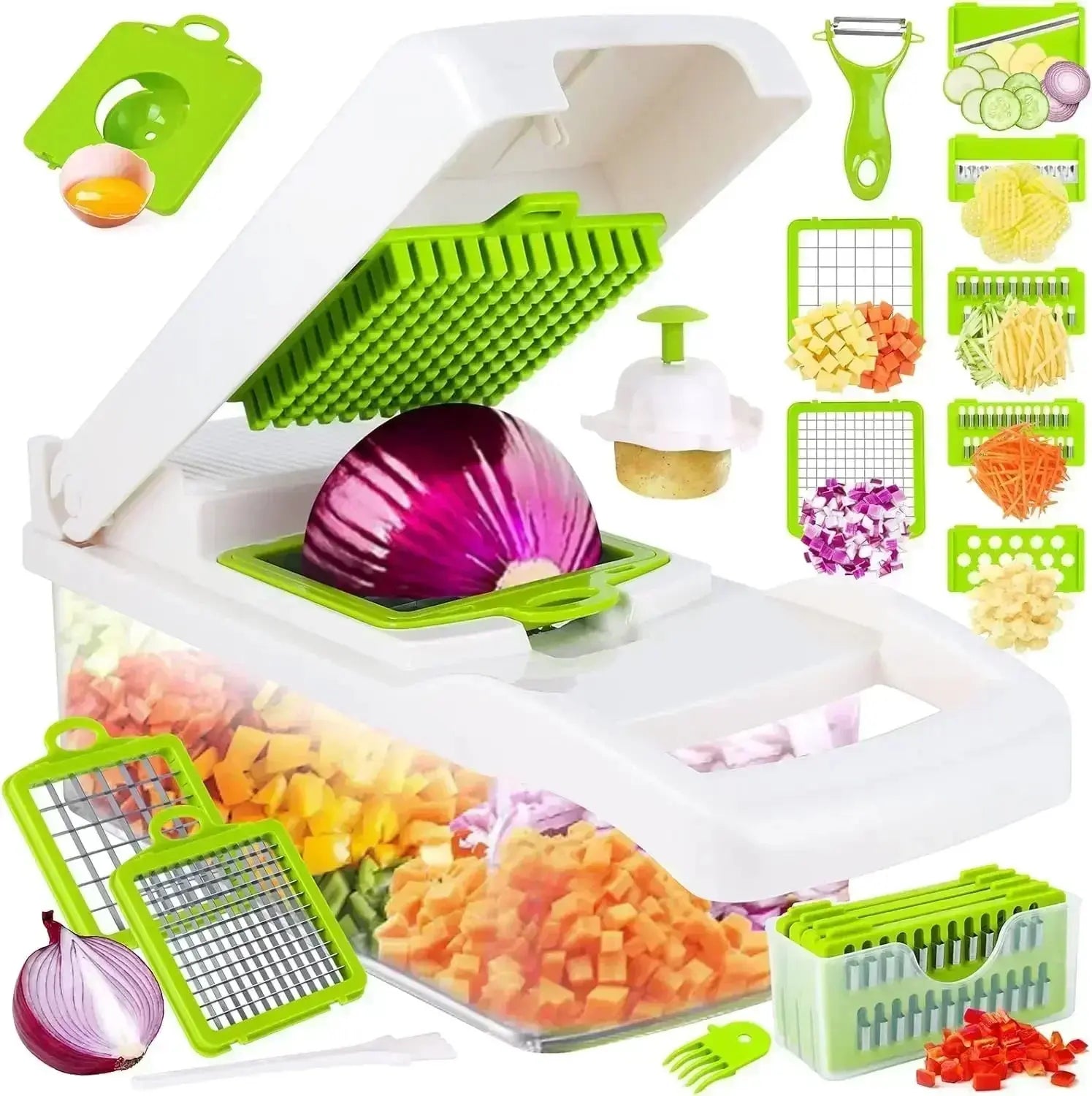 12-in-1 Manual Vegetable Cutter and Food Chopper with Container - Multifunctional Kitchen Gadget for Slicing and Shredding Potatoes and Vegetables