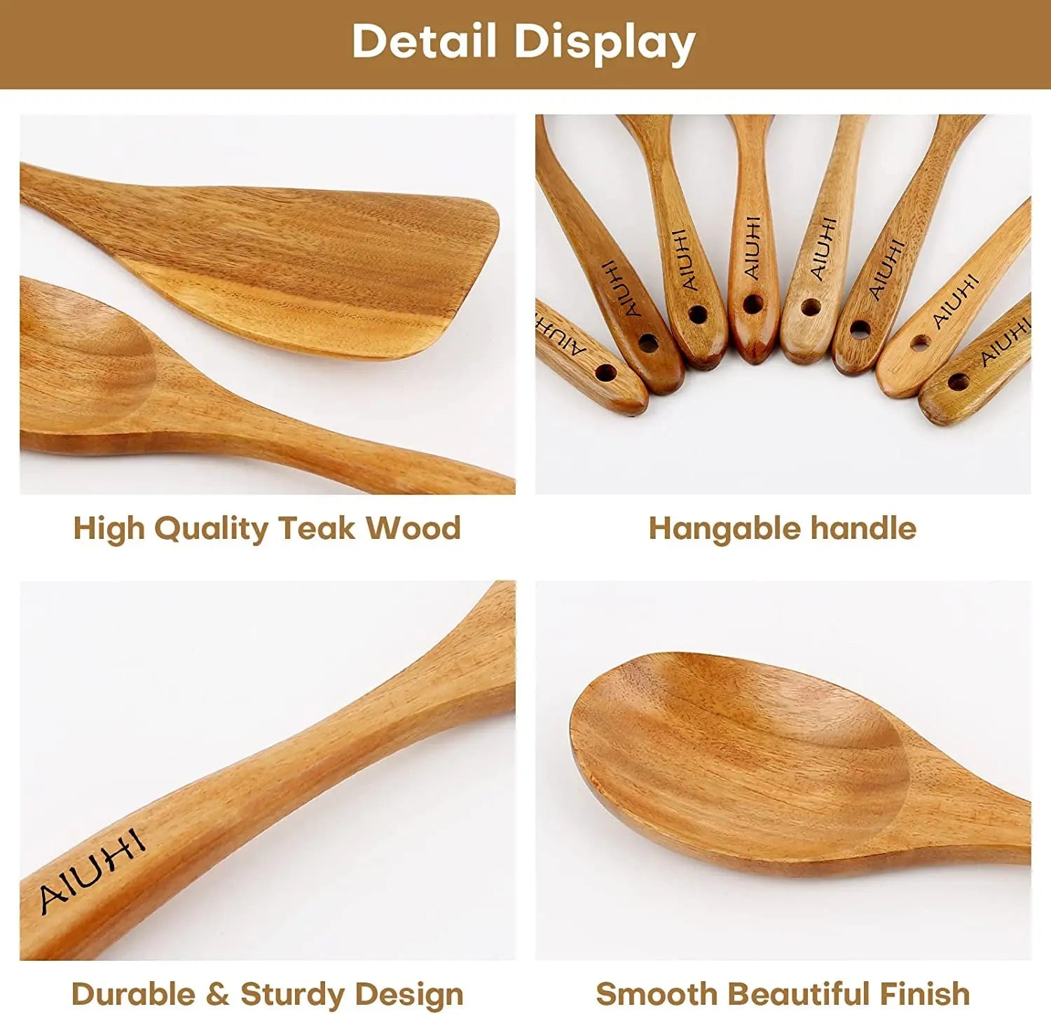 Teak Wood Cooking Utensil Set - 8-Piece Nonstick, Scratch-Resistant Kitchen Spoons