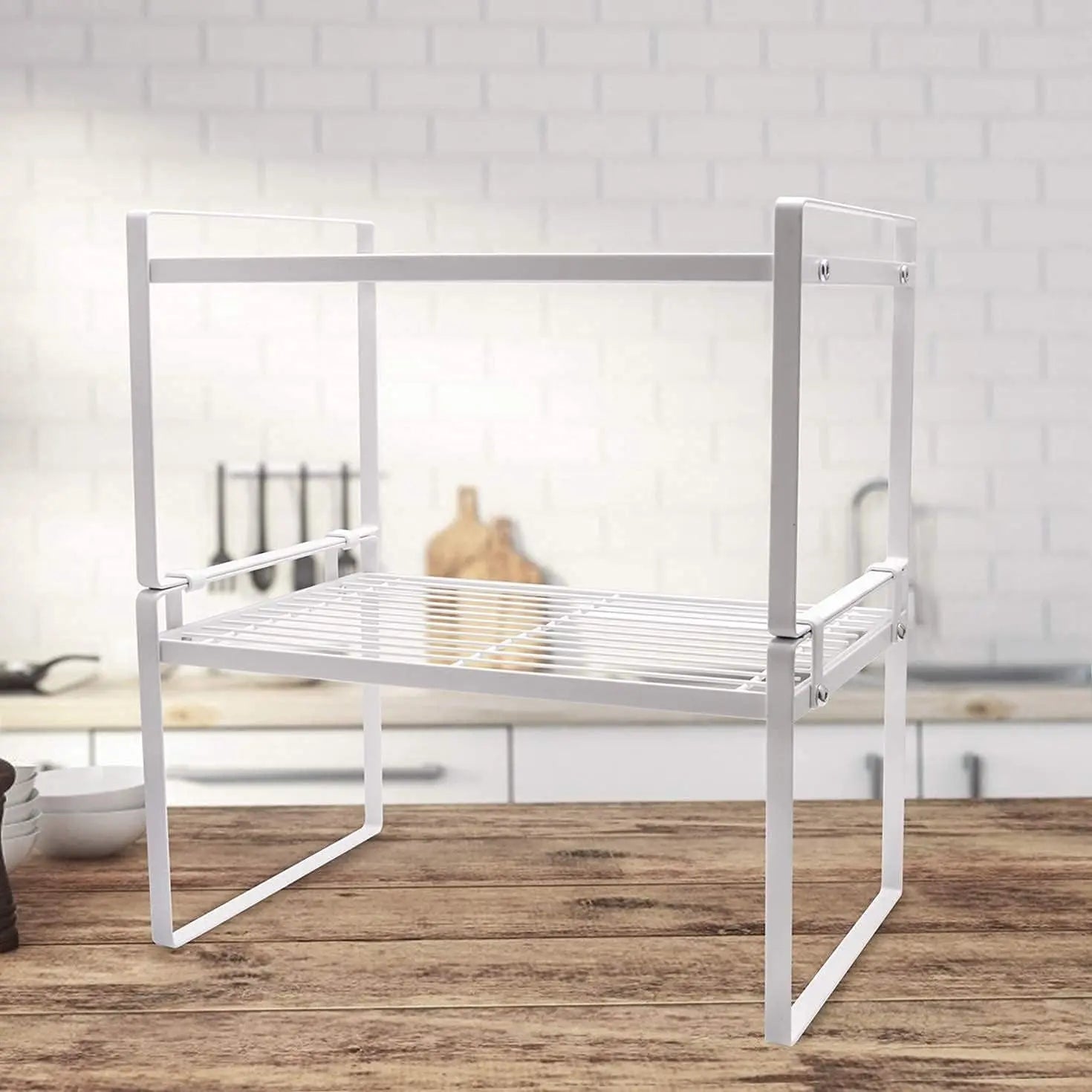 2-Pack Stackable Steel Frame Kitchen Cabinet and Counter Organizer Rack for Pantry, Bathroom, Bedroom, and Office - Rust Resistant and Non-Slip Design in White