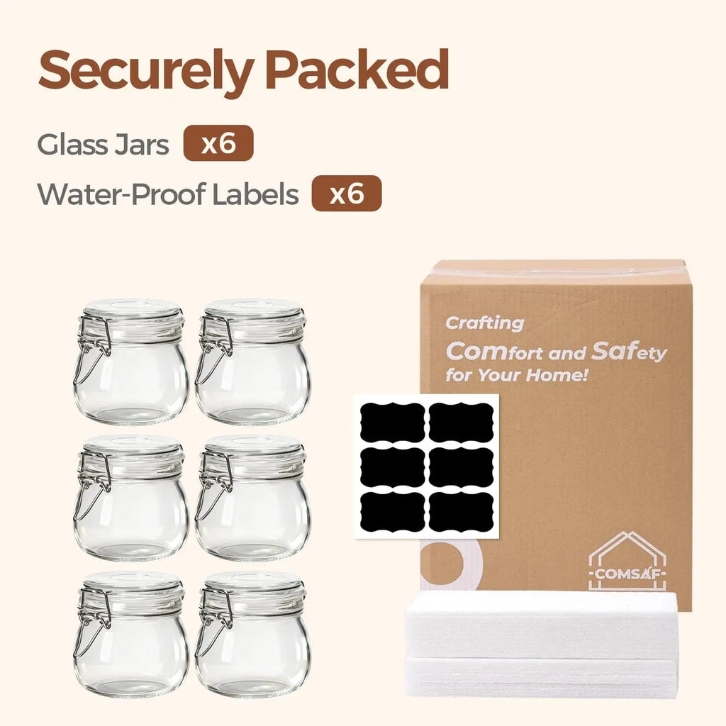 17Oz Airtight Glass Jars with Lids - Set of 6 Food Storage Containers with Clear Preserving Seal and Wire Clip Fastening for Kitchen Canning and Pickling