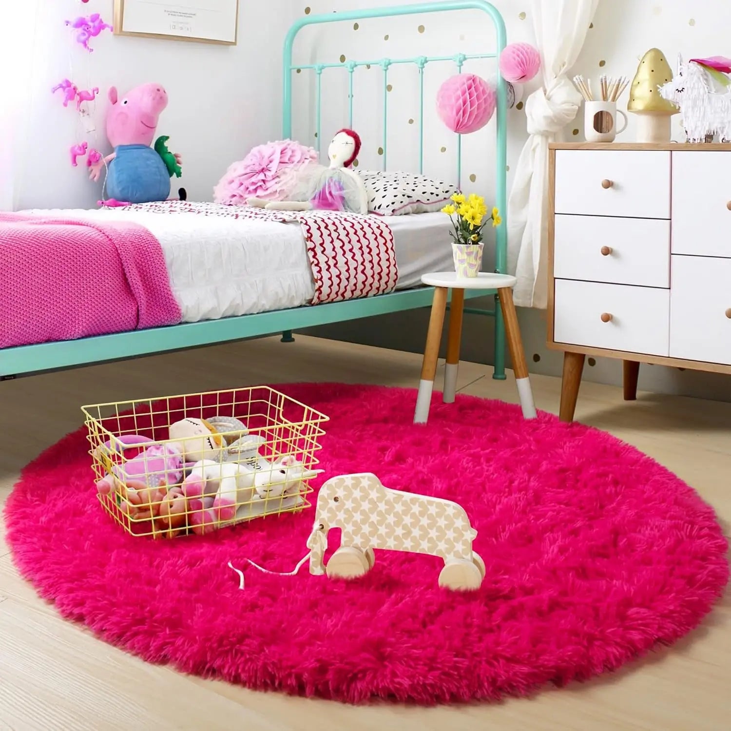 4Ft Hot Pink Round Fluffy Area Rug for Girls' Bedroom - Plush Shag Carpet for Kids' Room Decor, Living Room, Nursery, Dorm, Classroom, and Teen Spaces