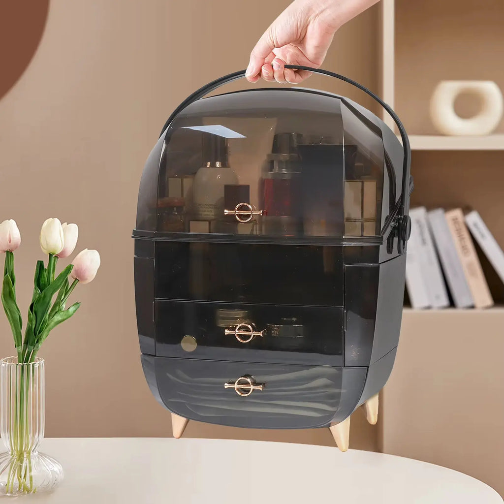 Vanity Makeup Organizer with Lid and Drawers - Portable Skincare Storage and Cosmetic Display Case