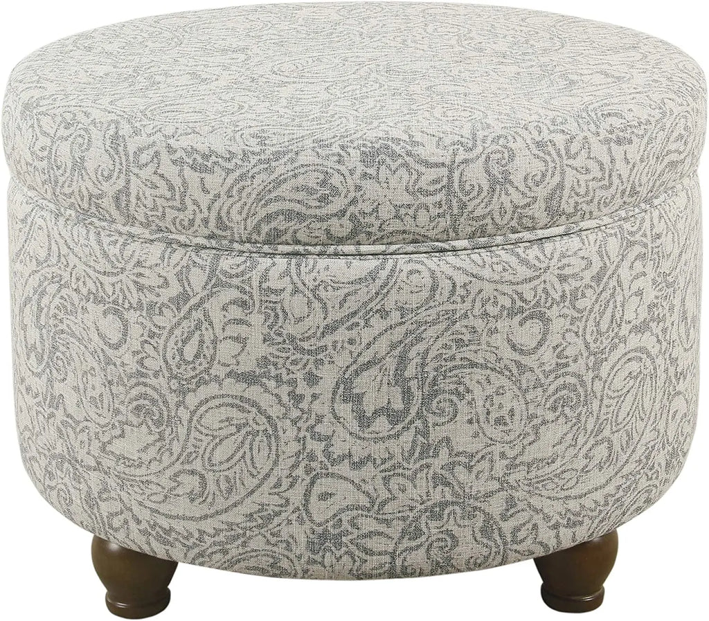 Upholstered Round Storage Ottoman for Living Room and Bedroom in Gray Floral Design