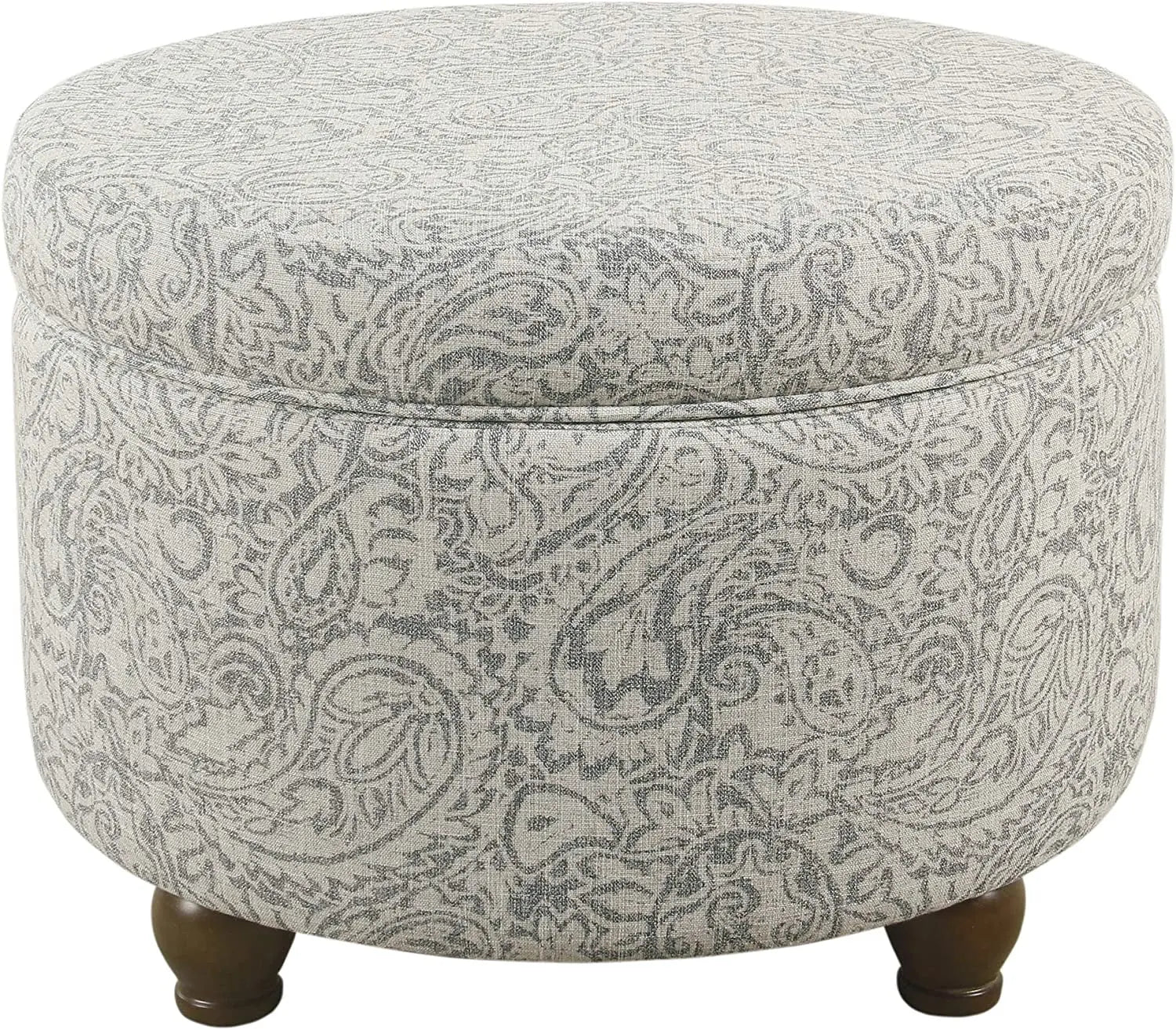 Upholstered Round Storage Ottoman for Living Room and Bedroom in Gray Floral Design