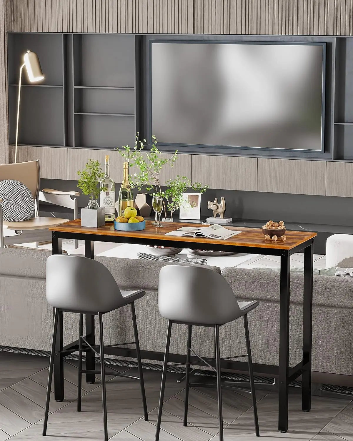 Rectangular Bar Height Pub Table with Sturdy Metal Frame, 47.24" Teak High Top Table for Kitchen, Dining, and Living Room