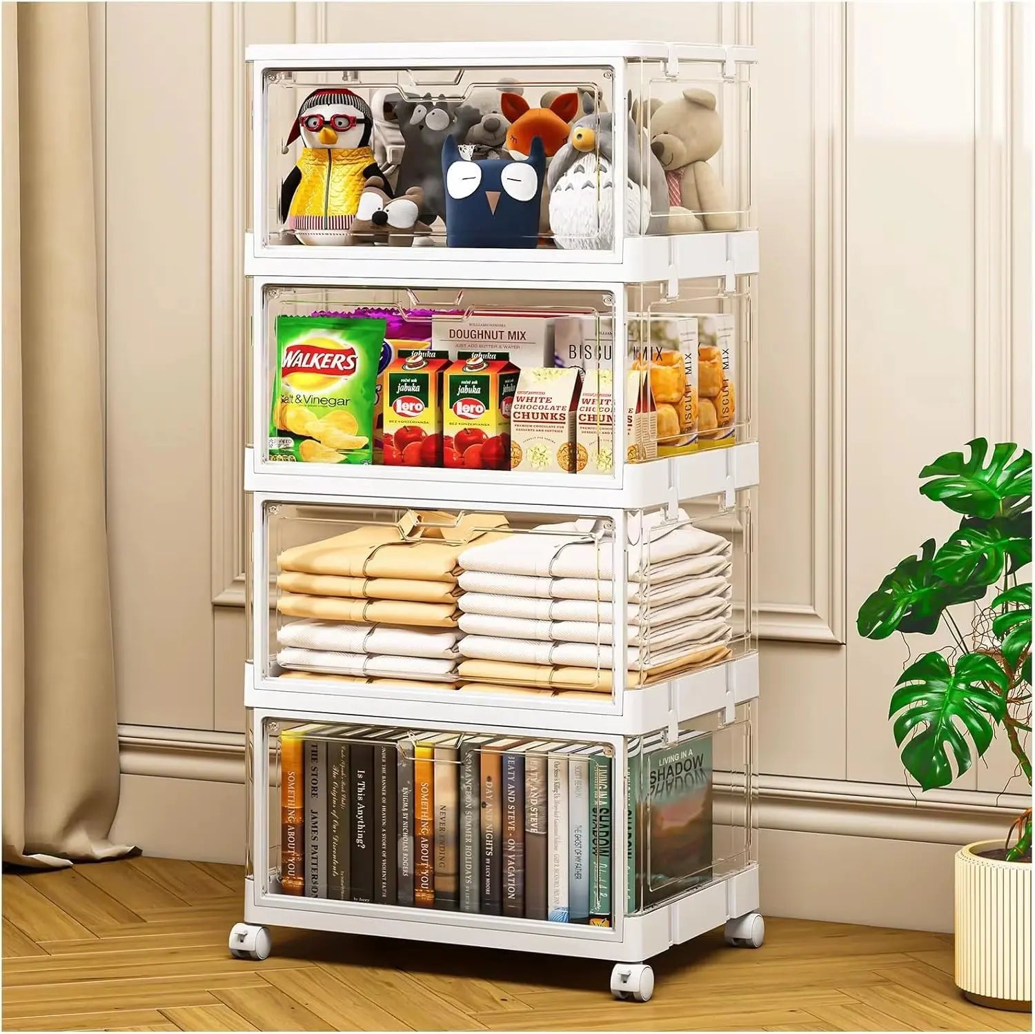 4-Tier Stackable Plastic Storage Bins with Lids, 23QT Capacity, Collapsible Design with Wheels