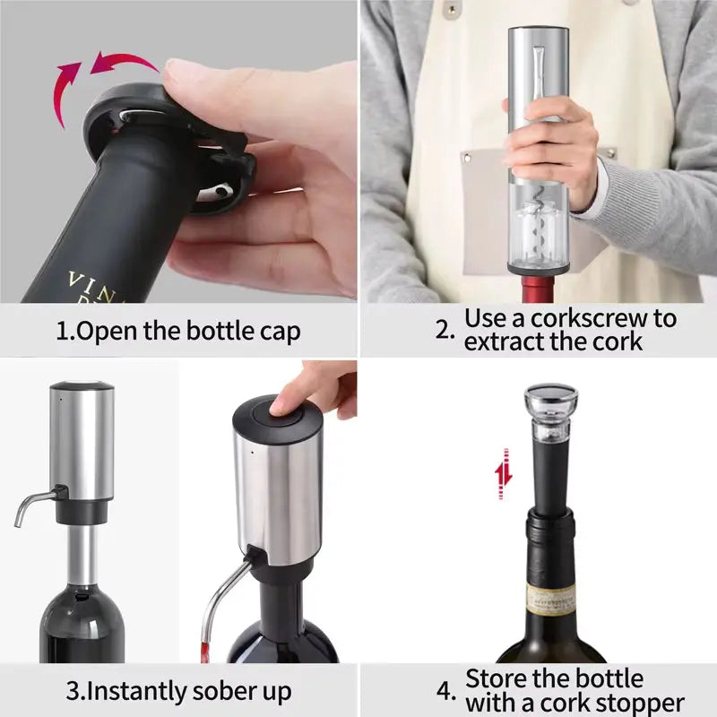 USB Rechargeable Electric Wine Opener Set with Decanter and Aerator - Stainless Steel Wine Accessory for Enthusiasts