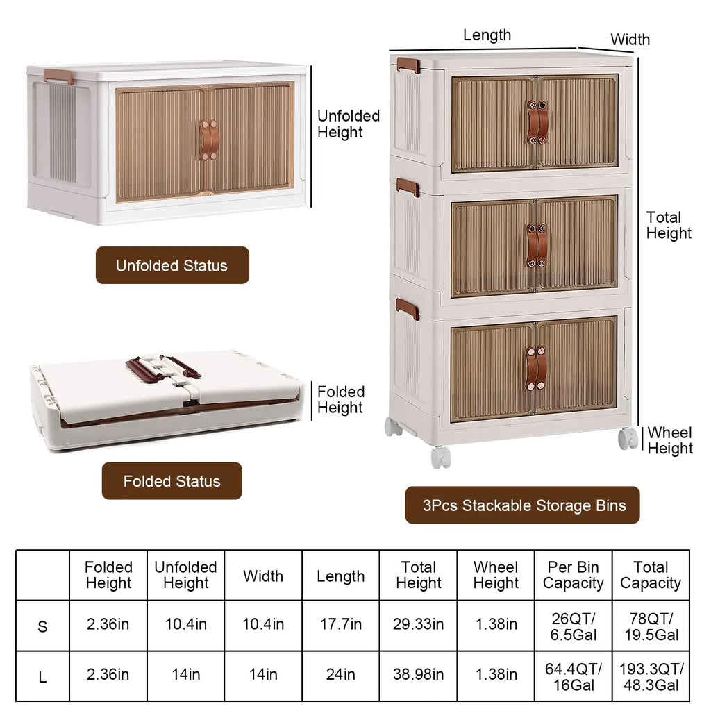 Set of 3 Foldable Storage Bins with Lids, Wheels, and Magnetic Front Doors for Convenient Shipping