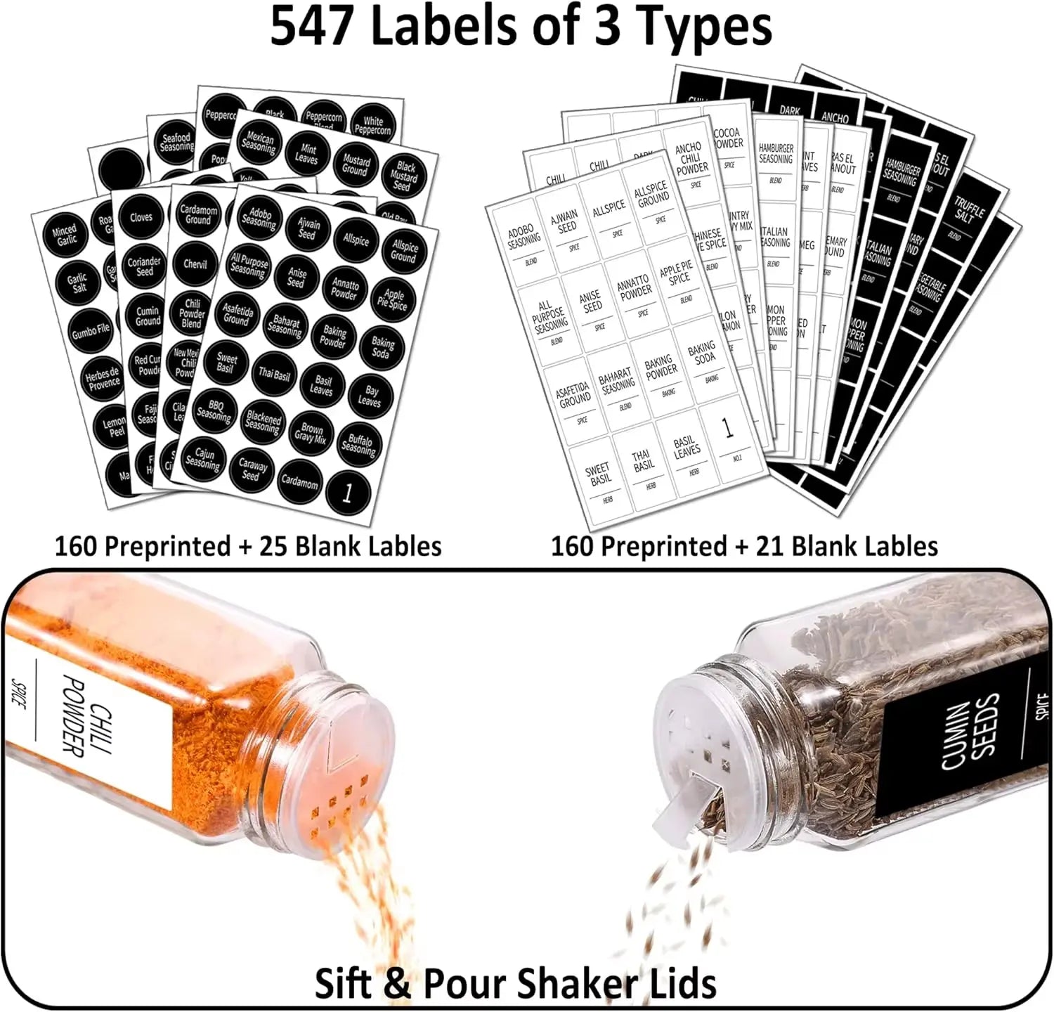 48 Glass Spice Jars with Bamboo Lids and Shaker Tops - 4 Oz Containers with 547 Labels