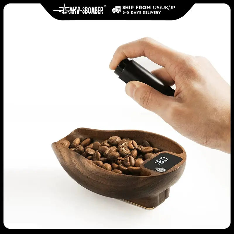 MHW-3BOMBER OVO Digital Coffee Scale - Precision Kitchen Scale with Wooden Bean Measurement and Integrated Spray Bottle for Barista Professionals