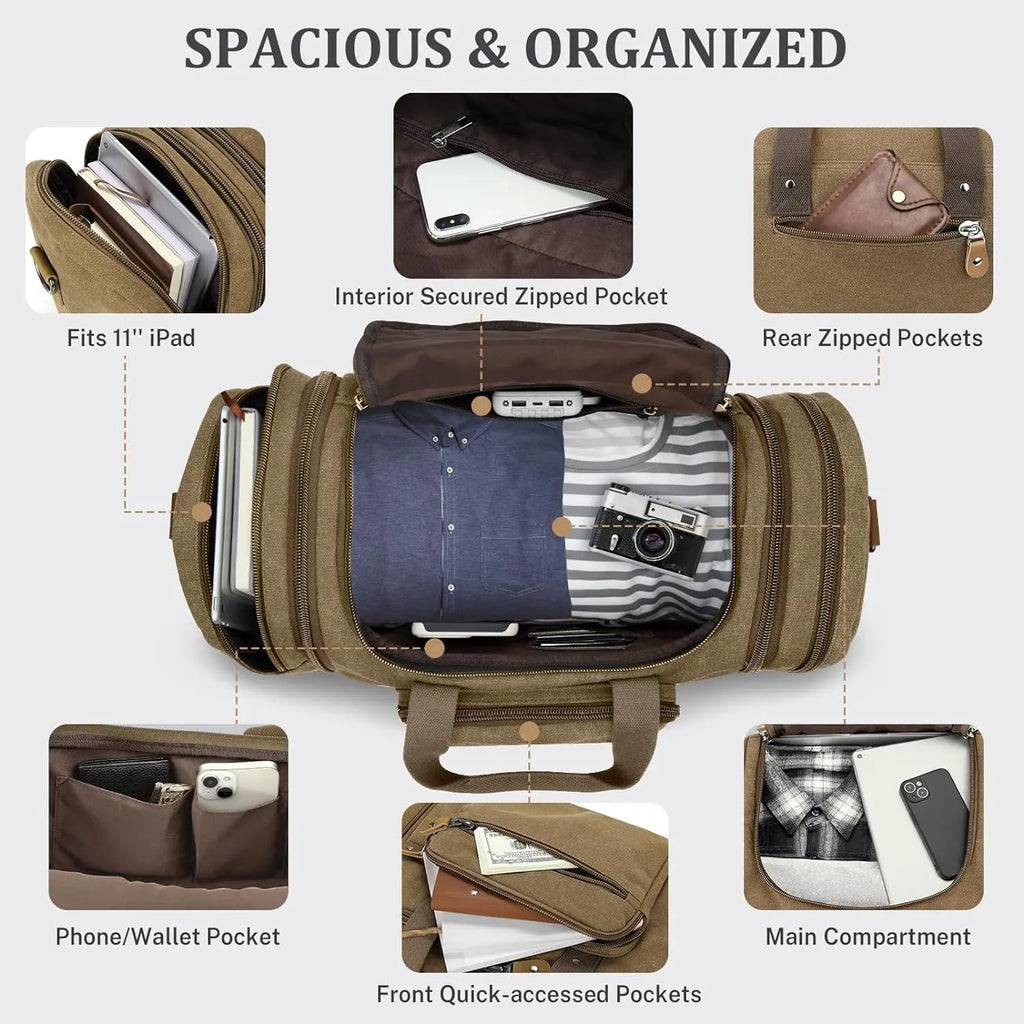 60L Canvas Duffle Bag for Travel - Overnight and Weekend Use (Coffee)