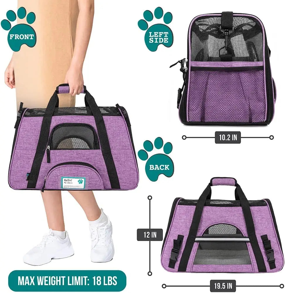 Airline-Approved Soft-Sided Pet Carrier for Cats and Small Dogs, Ventilated Travel Bag for Indoor Cats, Medium Kittens, and Puppies in Large Heather Purple