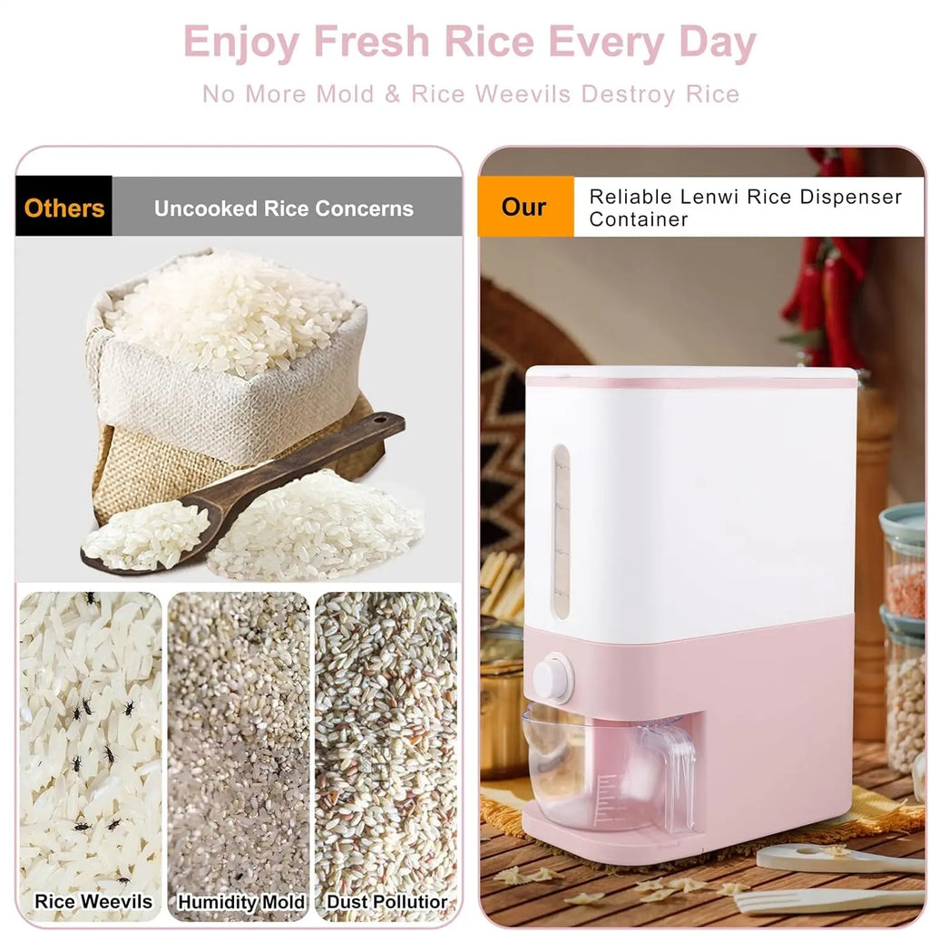 22.5-25 Lbs Pink Rice Dispenser and Storage Container with Measuring Cup for Household Kitchen Use