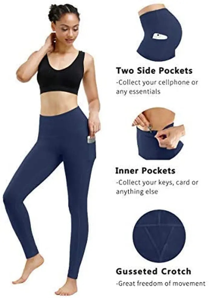 Women's High Waist Yoga Pants with Pockets - Tummy Control Workout and Running Leggings (2 Pack)