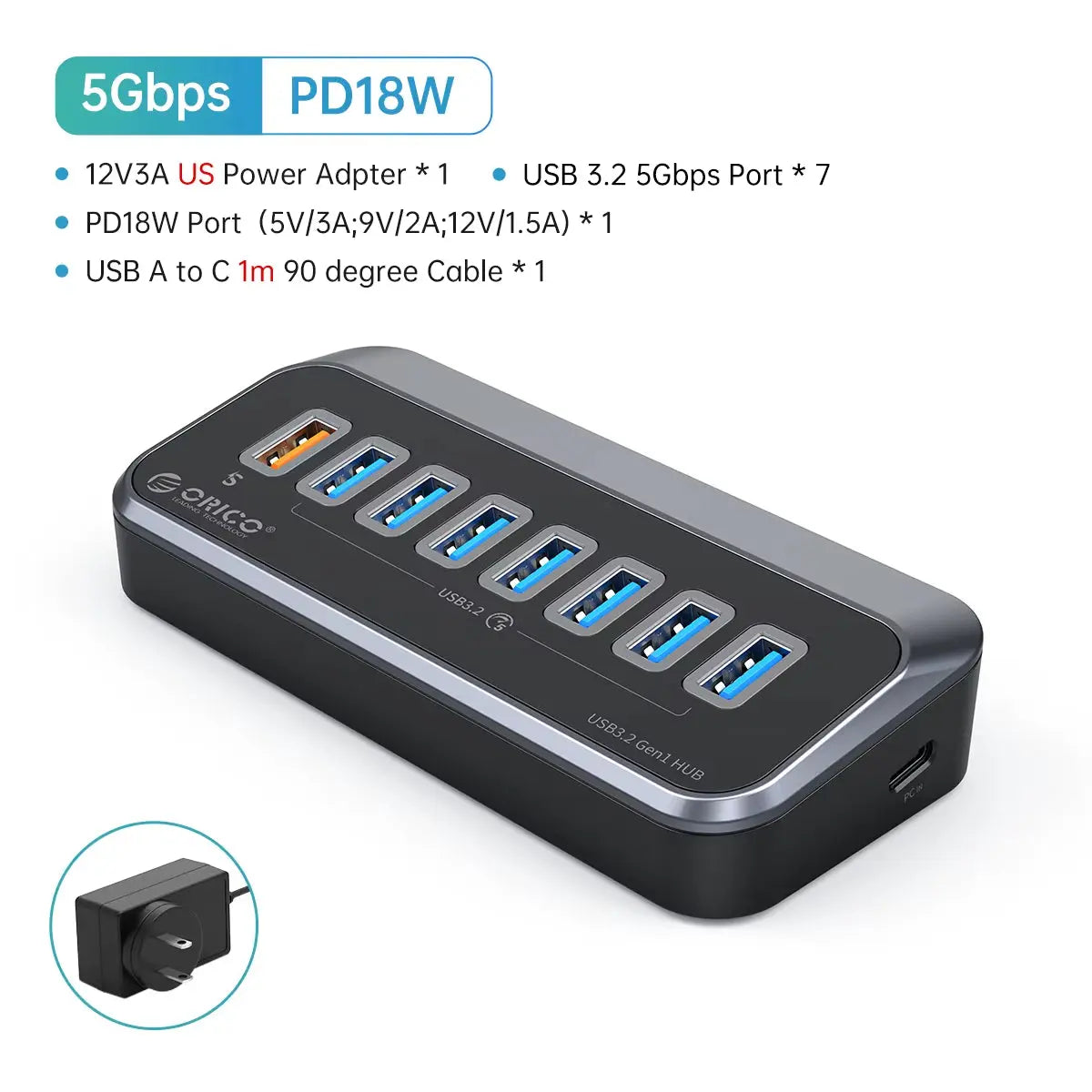5Gbps Powered USB Hub with PD18W Charging, USB 3.2 Type-C Hub and Card Reader Splitter, Includes Power Adapter for Desktop PC Accessories