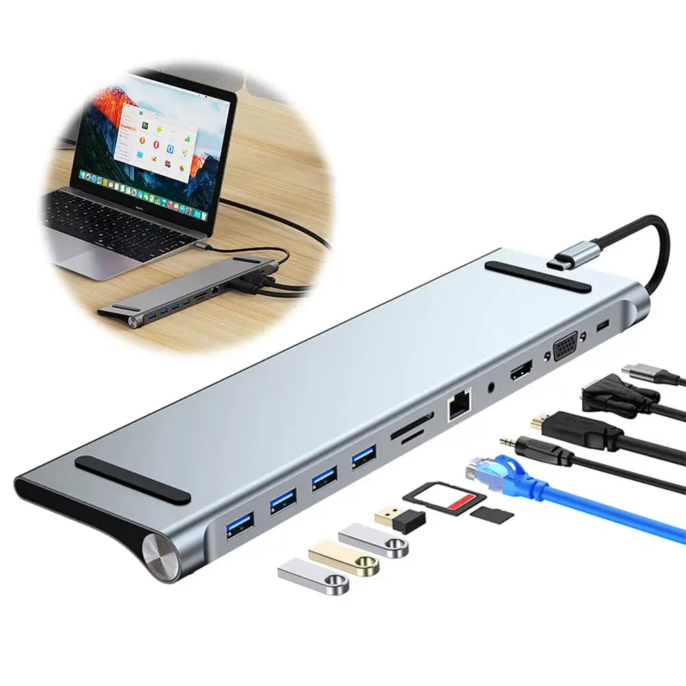 11-in-1 USB-C Docking Station with 4K HDMI, VGA, Ethernet, 100W Power Delivery, SD/TF Card Reader, and Audio Multiport Adapter for MacBook