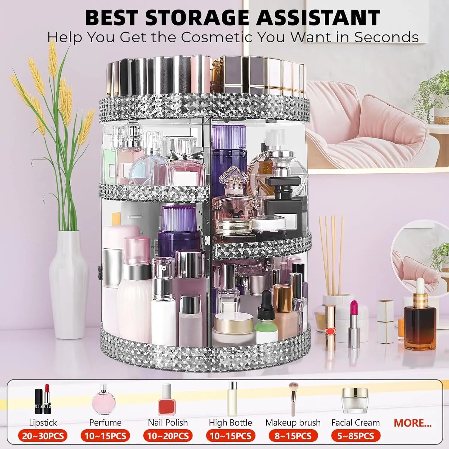 360-Degree Rotating Makeup Organizer with Extra Large Capacity, Removable 7-Layer Skincare Storage, Acrylic Beauty and Perfume Organizer for Vanity Countertop in Gray