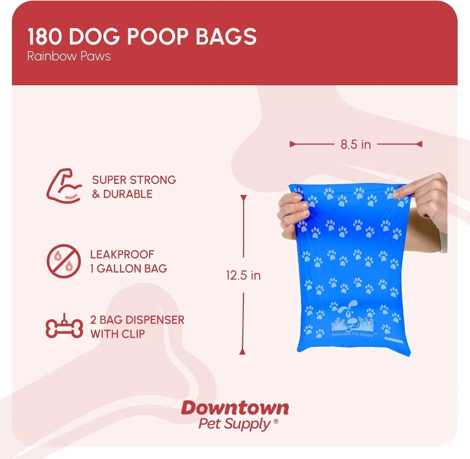 Dog Waste Bags with Dispenser - 180 Count Leak-Proof Poop Bags and Bone-Shaped Holder for Leash - Rainbow Design with Paw Prints, 12.5" x 8.5