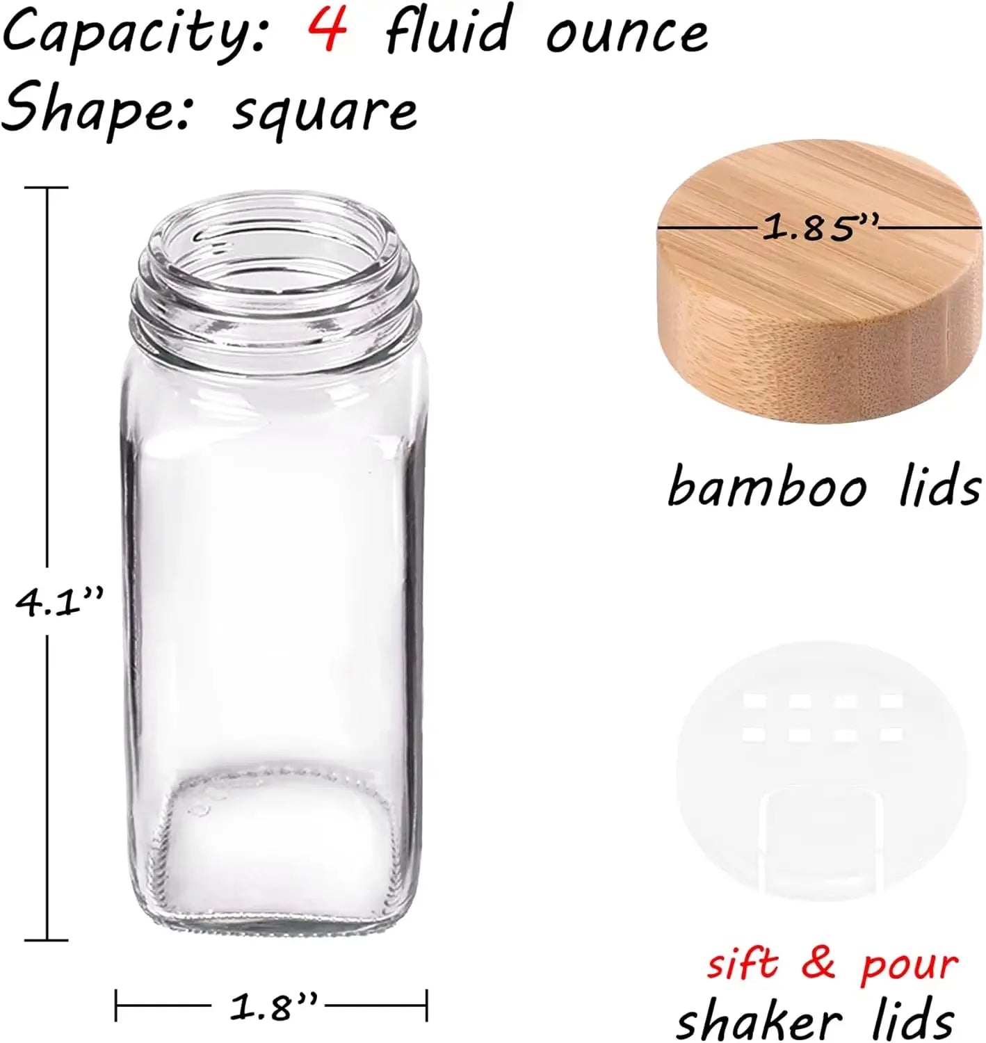 48 Glass Spice Jars with Bamboo Lids and Shaker Tops - 4 Oz Containers with 547 Labels