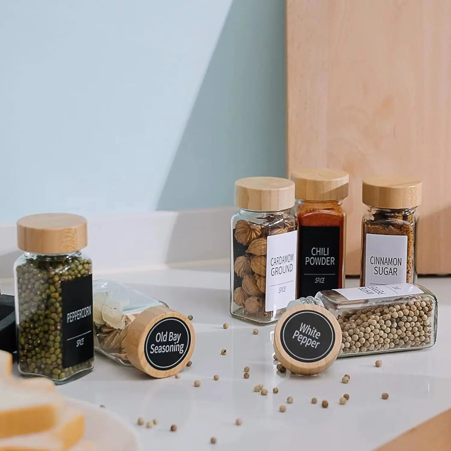 48 Glass Spice Jars with Bamboo Lids and Shaker Tops - 4 Oz Containers with 547 Labels