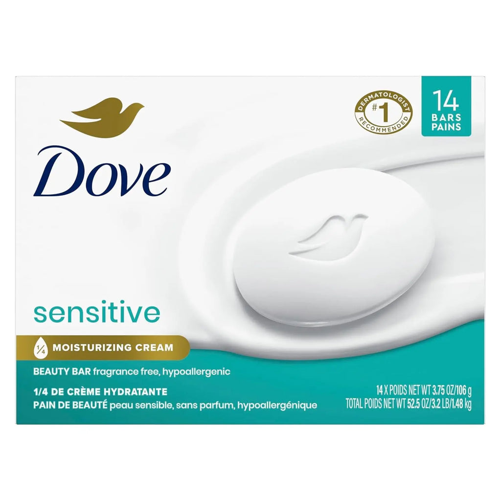 Fragrance-Free Beauty Bar - Hypoallergenic and Moisturizing Cleanser for Sensitive Skin, 3.75 Oz, Pack of 14 Bars