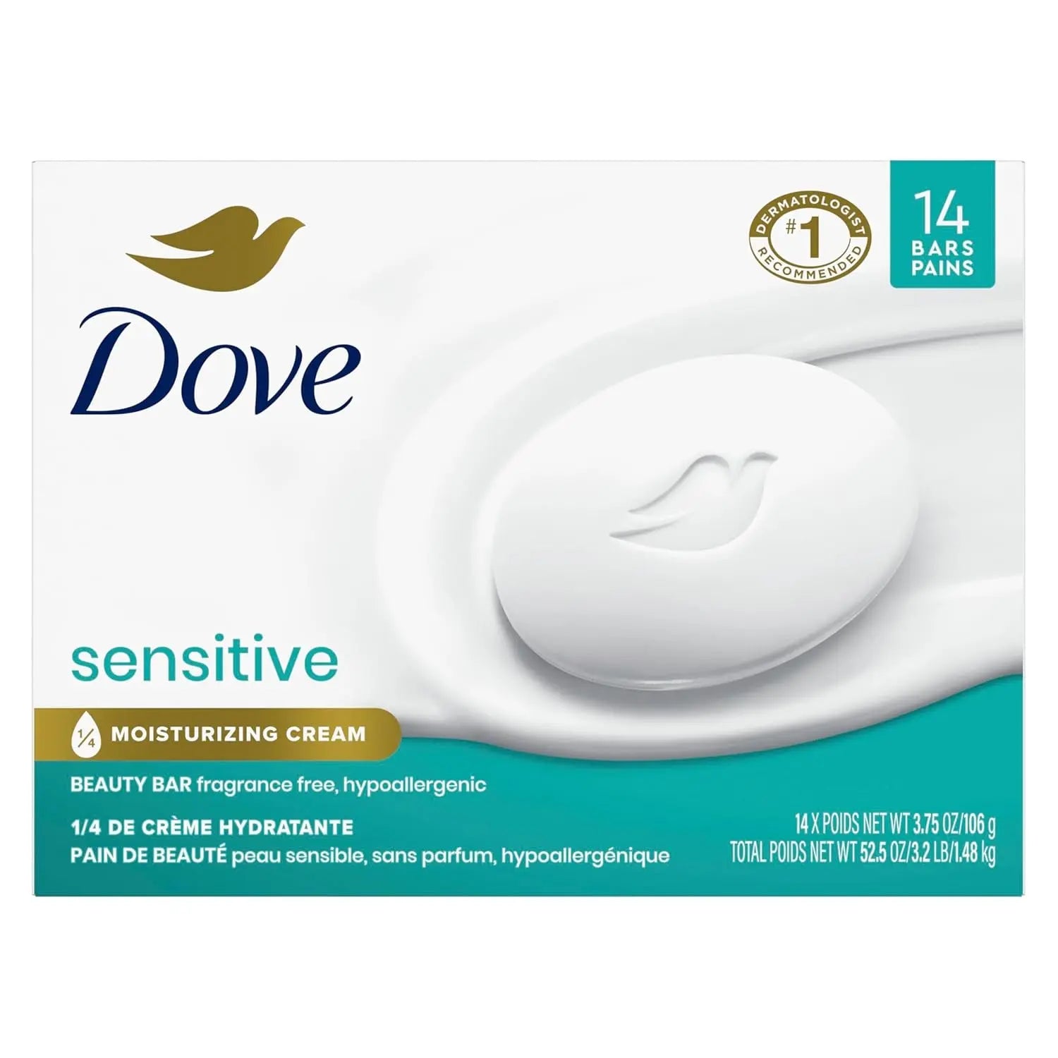 Fragrance-Free Beauty Bar - Hypoallergenic and Moisturizing Cleanser for Sensitive Skin, 3.75 Oz, Pack of 14 Bars