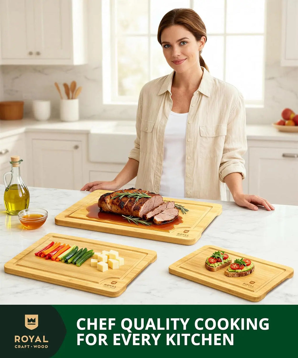 Premium Bamboo Cutting Board Set for Kitchen Preparation and Serving - Features Deep Juice Groove and Side Handles - Ideal for Charcuterie and Butchering