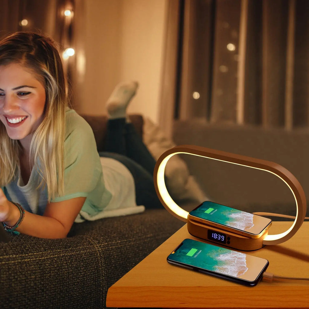 Touch Control Bedside Table Lamp with Clock and Wireless Charging - Dimmable LED Desk Lamp for Nightstand and Reading