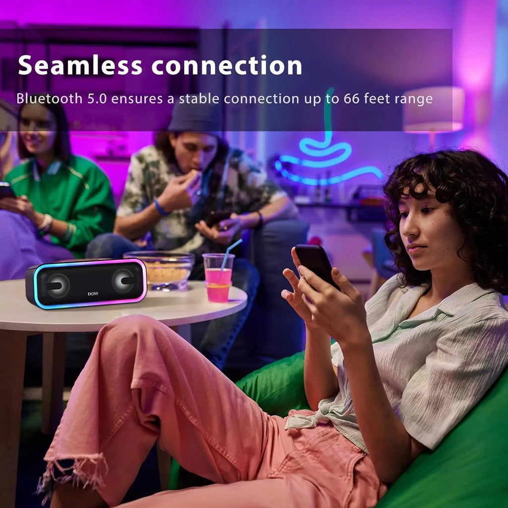 Soundbox Pro+ Bluetooth Speaker - 24W Immersive Stereo Sound with Enhanced Bass, IPX6 Waterproof, 15-Hour Playtime, Colorful LED Lights, Ideal Gift for Adults