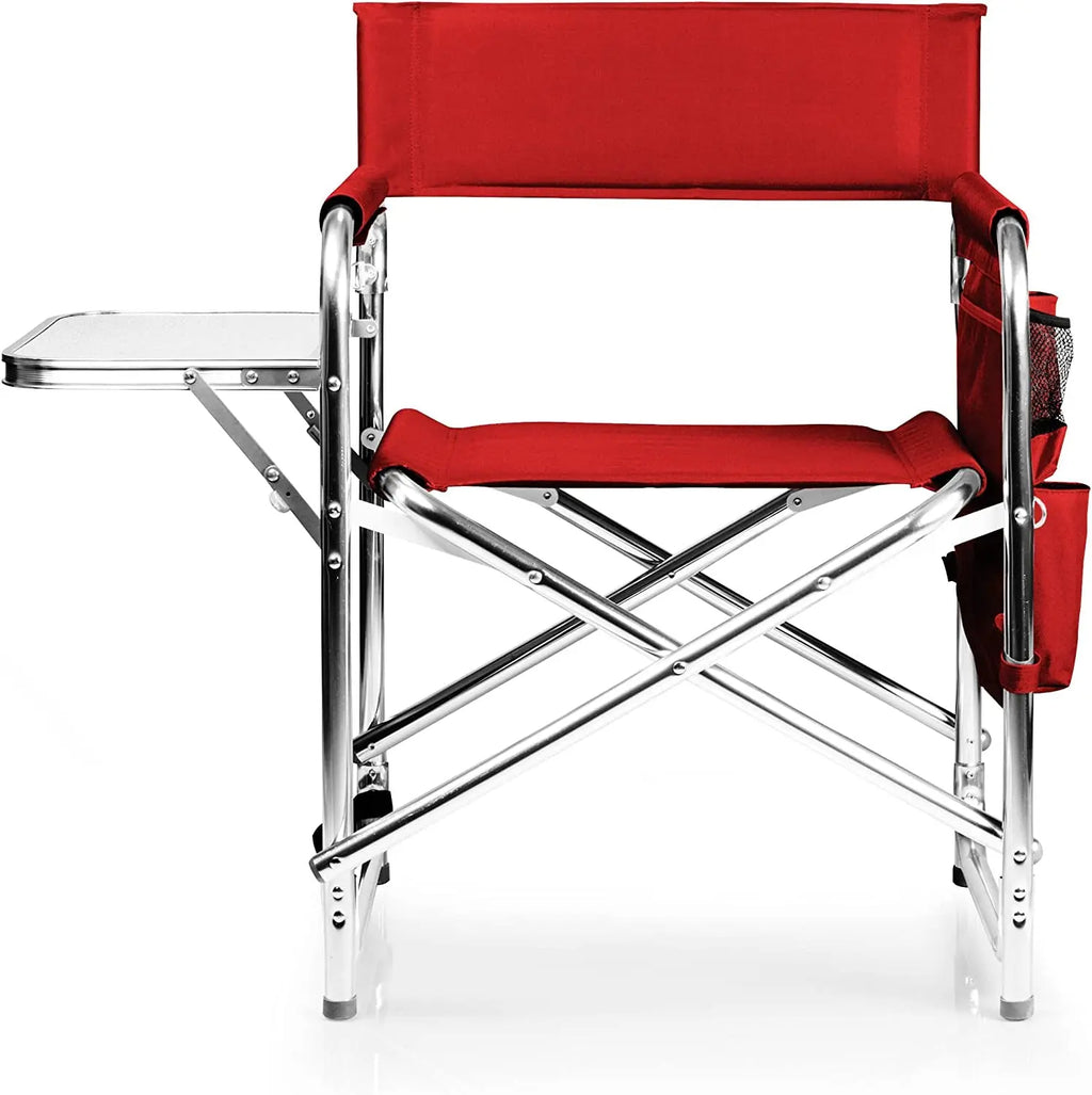 Sports Chair with Side Table - Foldable Padded Outdoor Camping Chair for Adults, 300-Lbs Capacity, Ideal for Lawn, Beach, and Sports Activities (Red)