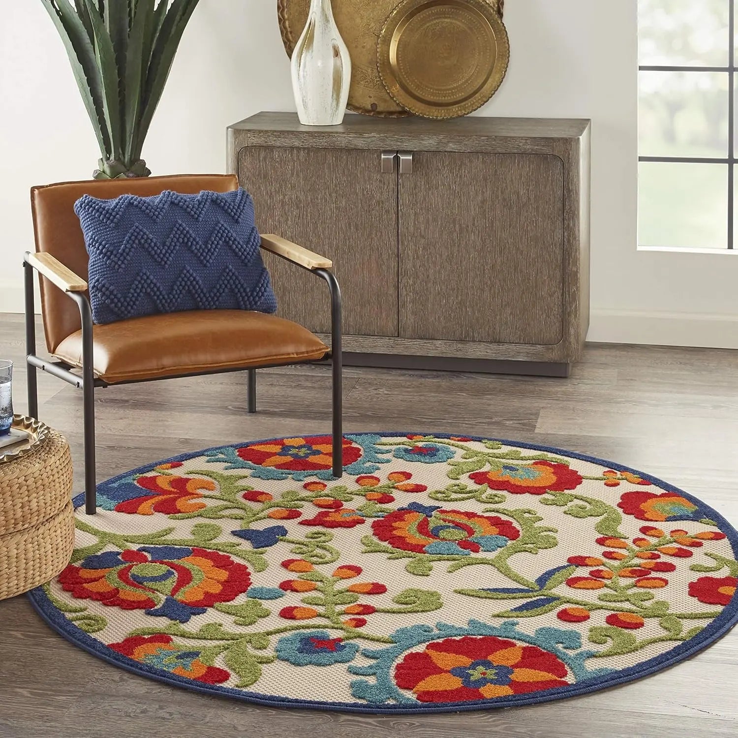 Nourish Aloha Indoor/Outdoor Multicolor 4' Round Area Rug - Easy to Clean, Non-Shedding, Suitable for Bedroom, Living Room, Dining Room, Backyard, Deck, and Patio